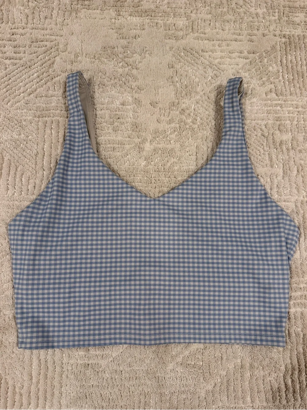 Glyder Blue & White Gingham V-Neck Sports Bra Tank Size Medium
